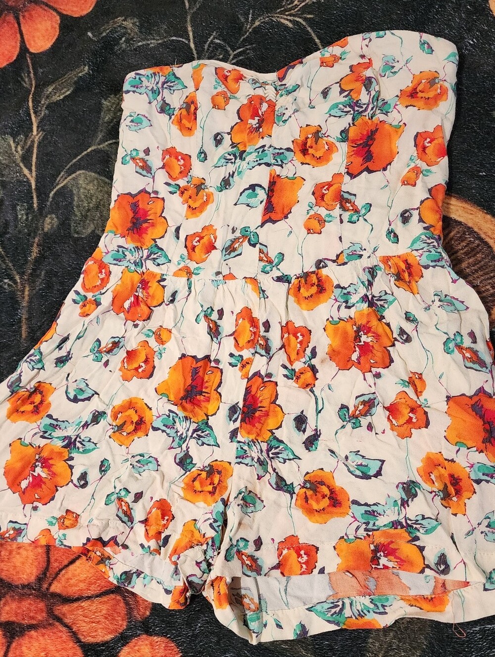 Charlotte Russe White Strapless Romper with Orange Floral Print